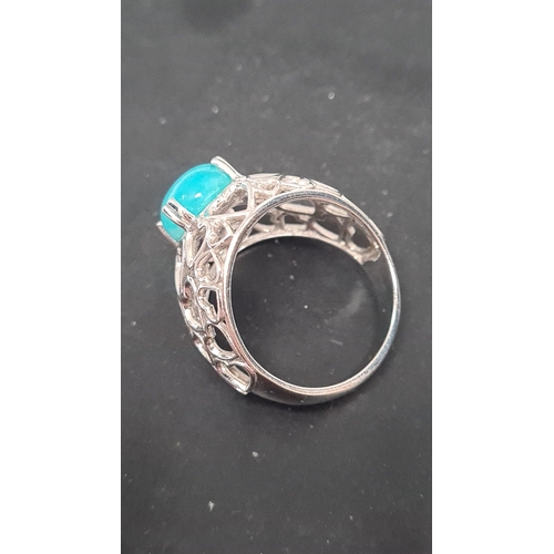 563 - 925 Silver heart design ring, turquoise colour gem stone. Size T