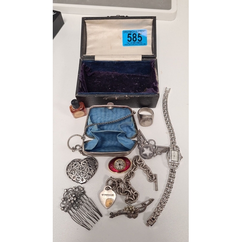 585 - Job lot of white metal jewllery, watches and Wembley purse