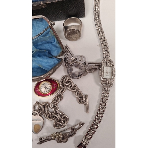 585 - Job lot of white metal jewllery, watches and Wembley purse