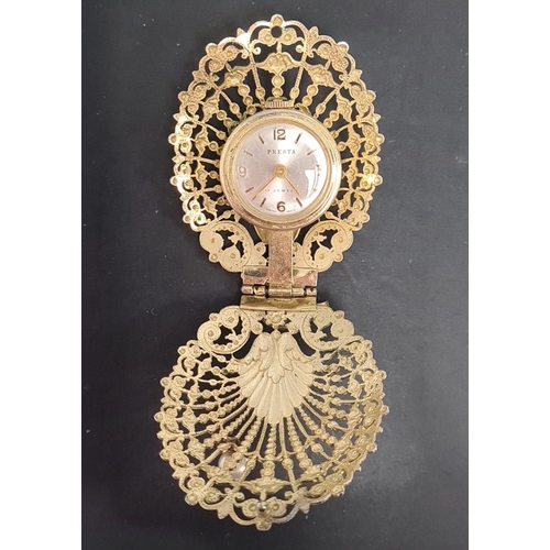 589 - Yellow metal PRESTA 17 jewel watch pendant in filigree style shell set with pearl