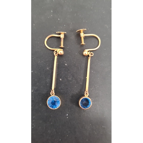 591 - Screw Back Dangle earrings with blue stone setting, marked 9c