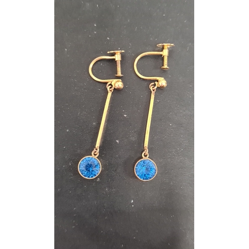 591 - Screw Back Dangle earrings with blue stone setting, marked 9c