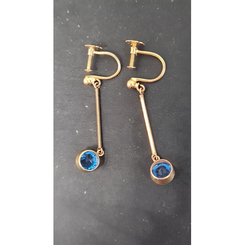 591 - Screw Back Dangle earrings with blue stone setting, marked 9c