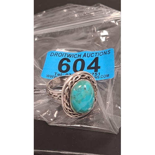 604 - 925 silver ring with turquoise gemstone. Size P