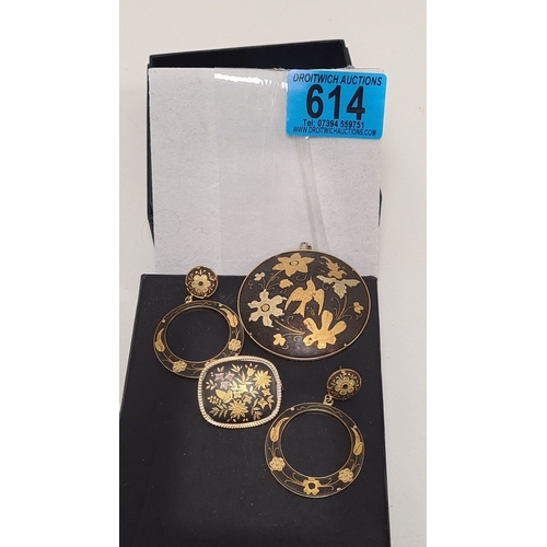 614 - Spanish damascene black and gold brooch, pendant and earring set