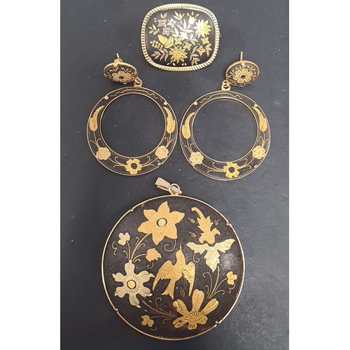 614 - Spanish damascene black and gold brooch, pendant and earring set