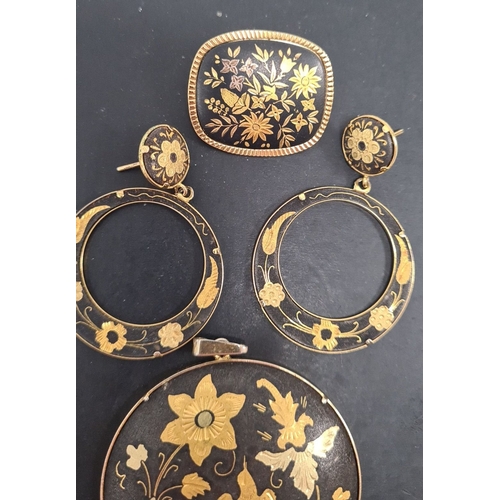 614 - Spanish damascene black and gold brooch, pendant and earring set