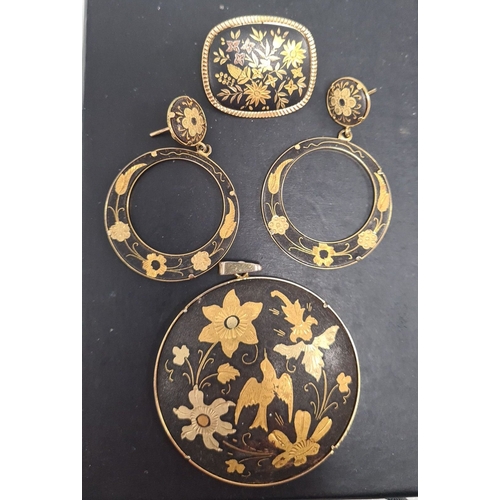 614 - Spanish damascene black and gold brooch, pendant and earring set