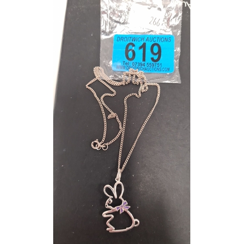 619 - 925 Silver chain and bunny pendant. 40cm