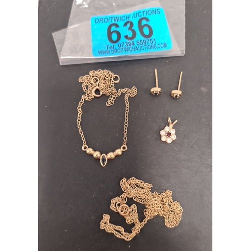 636 - 9ct gold necklaces x 2 with pendants and a pair of 9ct gold earrings weight 4.88 gms