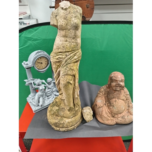 2 - Garden statues of a Buddha and lady A/F and a neoclassical clock