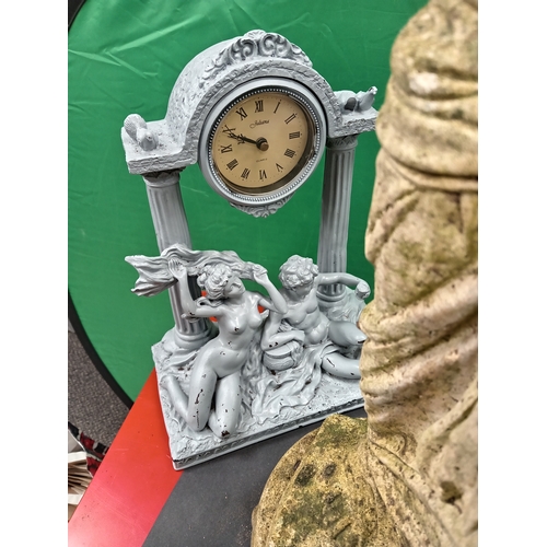 2 - Garden statues of a Buddha and lady A/F and a neoclassical clock