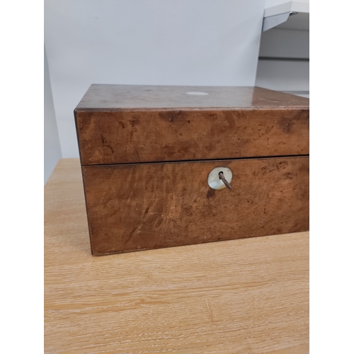 6 - Victorian Walnut and mother of pearl vanity box with secret compartment,with original glass bottles ... 