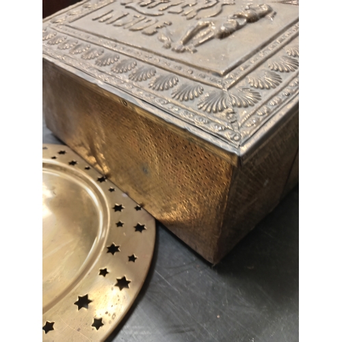 18 - Brass inlaid storage box L 26cm x W 35cn x D 22cm and a brass charger plate