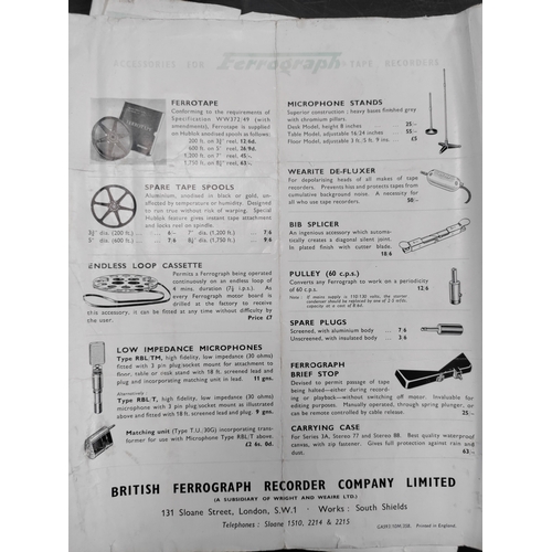 51 - 1950s Ferrograph Model 3A/NH Carry case. Includes original manual, tapes, jack plugs and accessories... 