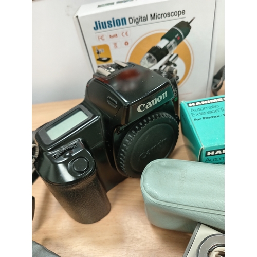 66 - Job lot of two cameras, digital microscope, and other odds, cameras include Canon EOS 1000f and Fuji... 