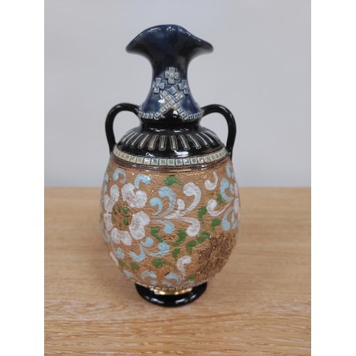 85 - 1890s Doulton Lambeth Slaters Vase. H 16cm x 8cm.