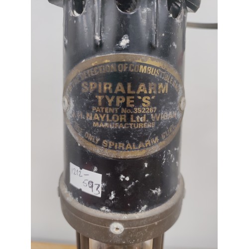 117 - An antique Spiralarm Type 'S' miners parafin lamp. With red lens. Made by S J. H. Nailer Ltd. H 38cm... 