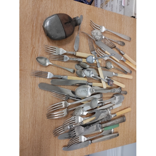 158 - Job lot of silver and silver plate cutlery and a hipflask