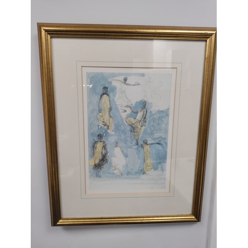 174 - A pair of August Rodin prints of Cambodian dancers, in gold guilt frames. H 55cm x 45cm