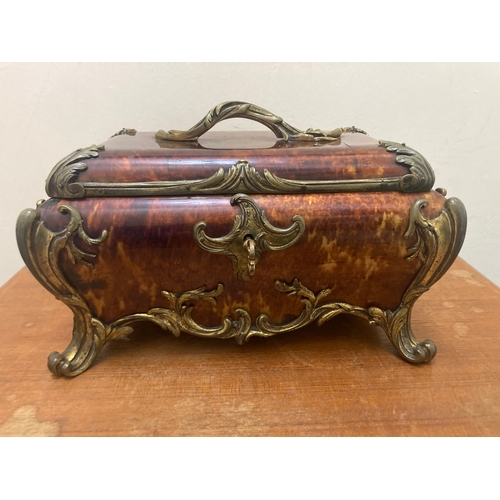 367 - Late 18th Century Antique French faux tortoise shell jewellery casket /  locking wooden box. With ke... 