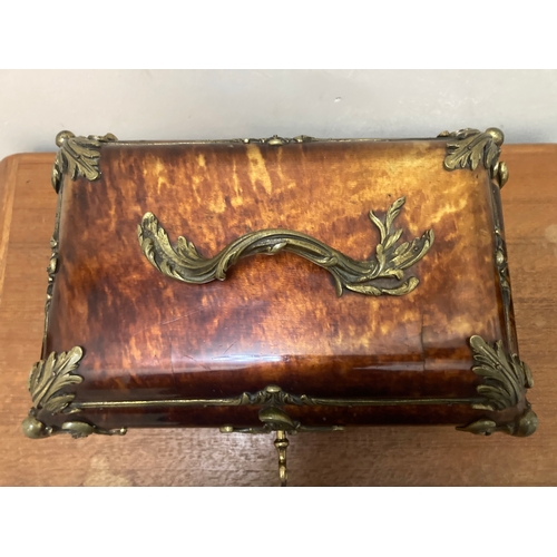 367 - Late 18th Century Antique French faux tortoise shell jewellery casket /  locking wooden box. With ke... 