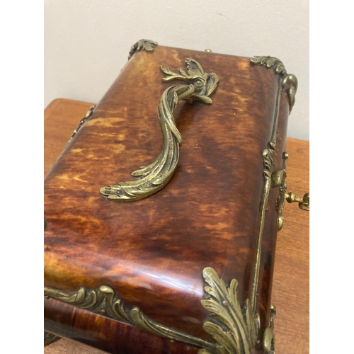 367 - Late 18th Century Antique French faux tortoise shell jewellery casket /  locking wooden box. With ke... 