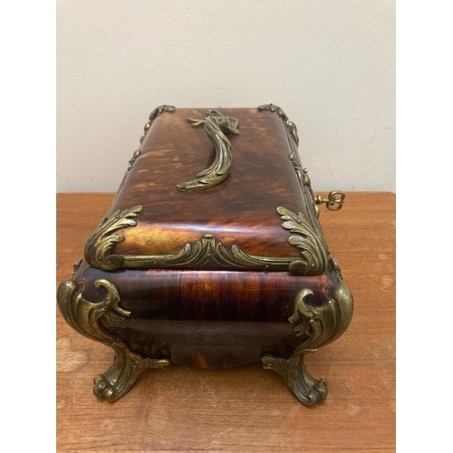 367 - Late 18th Century Antique French faux tortoise shell jewellery casket /  locking wooden box. With ke... 