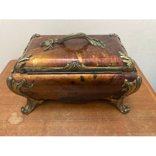 367 - Late 18th Century Antique French faux tortoise shell jewellery casket /  locking wooden box. With ke... 