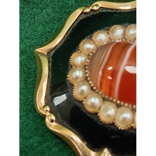 2 - Victorian XRF tested 9ct gold enamel, Agate and pearl mourning brooch with hair in back inscribed Ja... 