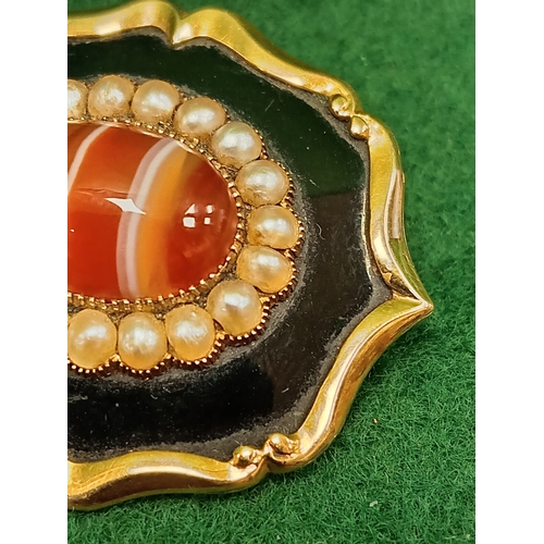 2 - Victorian XRF tested 9ct gold enamel, Agate and pearl mourning brooch with hair in back inscribed Ja... 