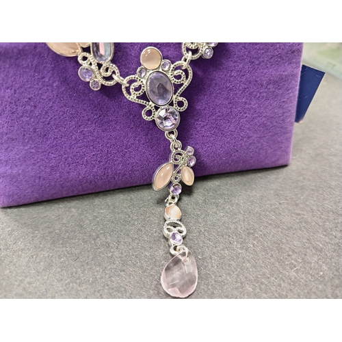 22 - White metal lilac and pink stone flower dangle necklace 38cm with matching bracelet 18cm