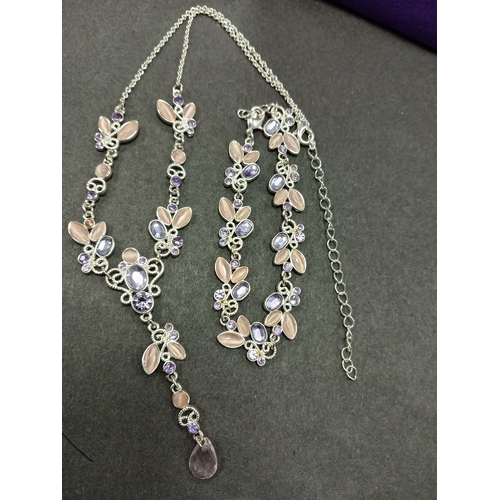 22 - White metal lilac and pink stone flower dangle necklace 38cm with matching bracelet 18cm