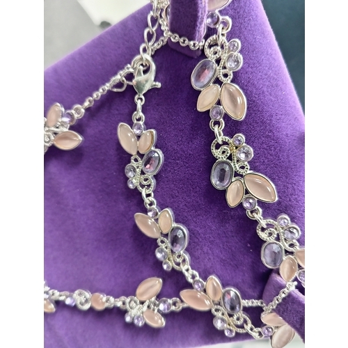 22 - White metal lilac and pink stone flower dangle necklace 38cm with matching bracelet 18cm