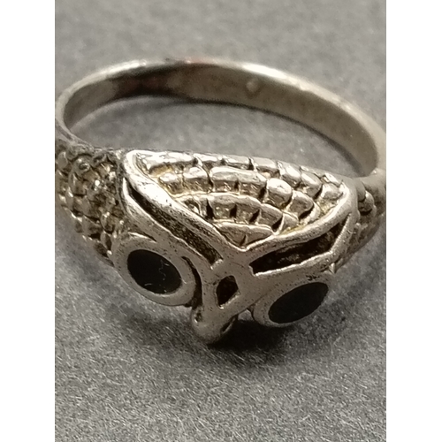 25 - White metal men's owl ring boxed size Q