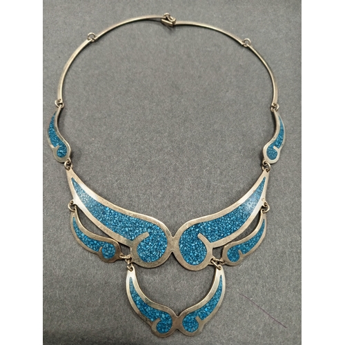 51 - Mexican alpaca silver and turquoise inlaid handmade necklace L 40cm