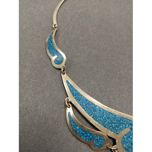 51 - Mexican alpaca silver and turquoise inlaid handmade necklace L 40cm