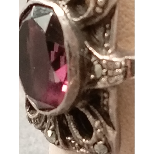 62 - Marked silver large Amethyst and marcasite Art Deco ring size K