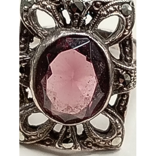 62 - Marked silver large Amethyst and marcasite Art Deco ring size K