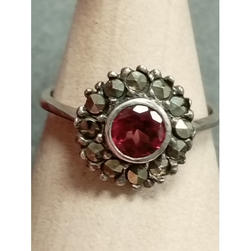 63 - 925 silver marcasite and pink gemstone ring size K