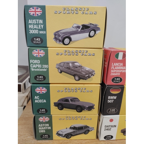 91 - Seven Atlas Editions 1:43 scale classic sports car models. Models include Austin Healey, Ford Capri,... 