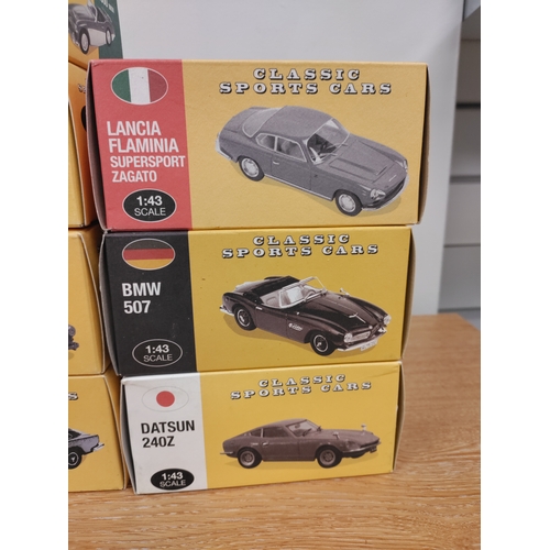 91 - Seven Atlas Editions 1:43 scale classic sports car models. Models include Austin Healey, Ford Capri,... 