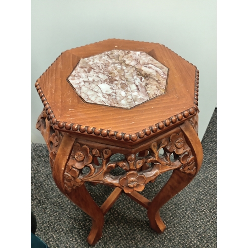 107 - Chinese rosewood Cherry blossom carved marble topped side table/plant stand H 60cm x W 34cm