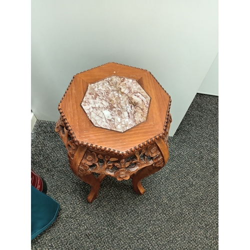 107 - Chinese rosewood Cherry blossom carved marble topped side table/plant stand H 60cm x W 34cm