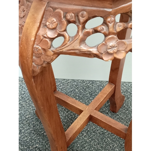 107 - Chinese rosewood Cherry blossom carved marble topped side table/plant stand H 60cm x W 34cm