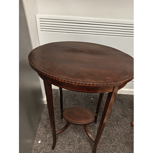 108 - Antique Edwardian mahogany inlaid oval side table H 72cm x W 44cm