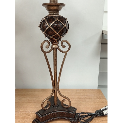 116 - Ornate table lamp with embroidered shade H 75cm shade width 35cm