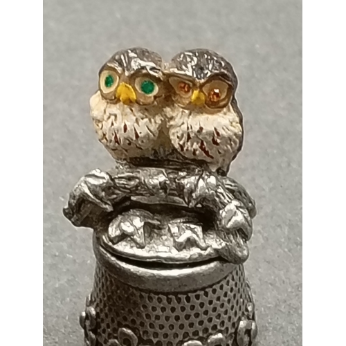 148 - Vintage Pewter miniature owl trinket box and pewter owl thimble