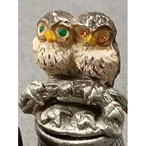 148 - Vintage Pewter miniature owl trinket box and pewter owl thimble