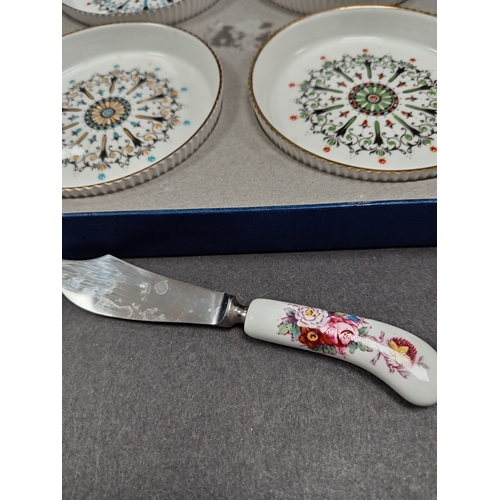 1 - Royal Worcester hand painted boxed coasters and Royal crown Derby cheese knife